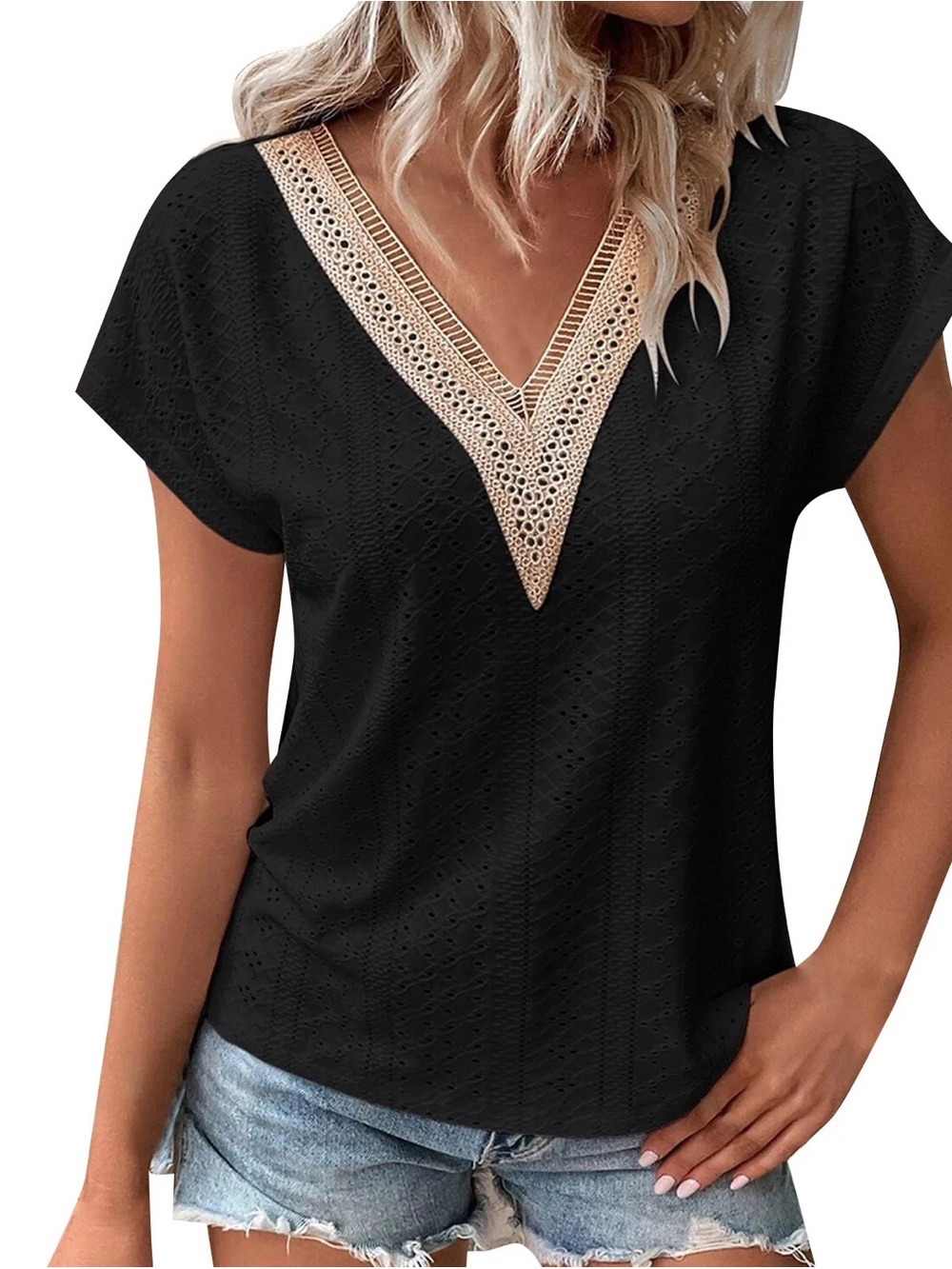 Black Short Sleeve V-Neck Top with Crochet Trim